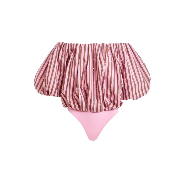 Brown and pink gathered bodysuit with puffed sleeves