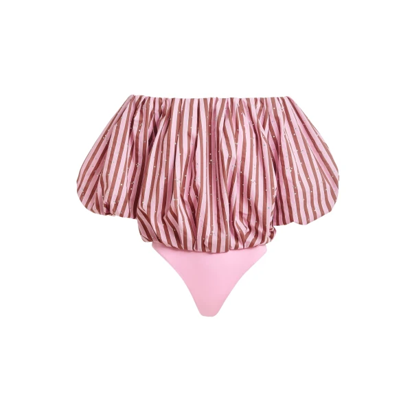 Essentiel Antwerp Brown and pink gathered bodysuit with puffed sleeves