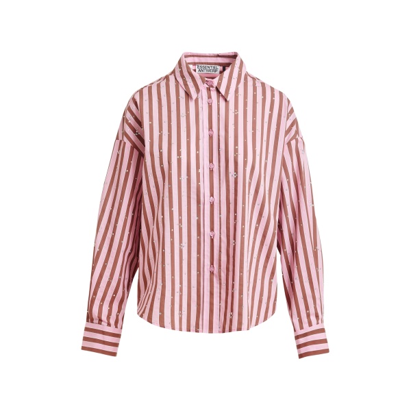 Brown and pink striped cotton-blend shirt with rhinestone embellishments