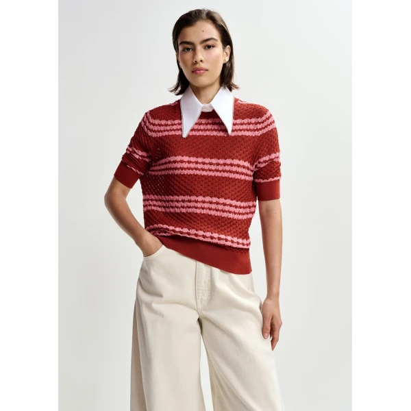 Essentiel Antwerp Brown and pink striped honeycomb knit polo with rhinestone-embellished detachable collar, view 2