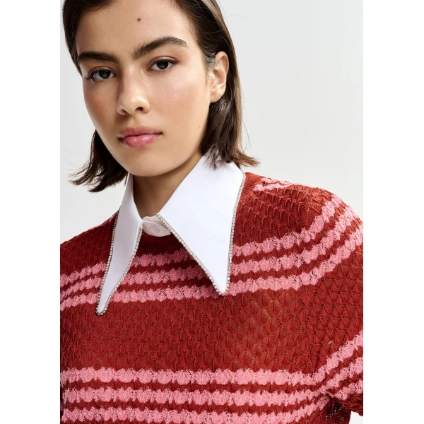 Essentiel Antwerp Brown and pink striped honeycomb knit polo with rhinestone-embellished detachable collar, view 3