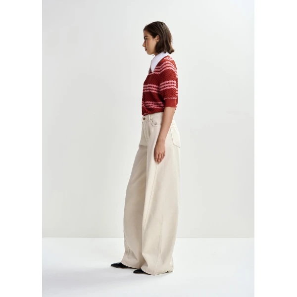 Essentiel Antwerp Brown and pink striped honeycomb knit polo with rhinestone-embellished detachable collar, view 4