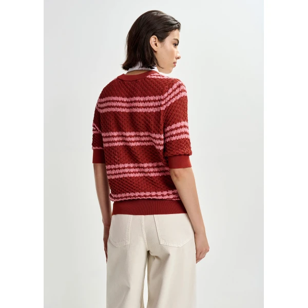 Essentiel Antwerp Brown and pink striped honeycomb knit polo with rhinestone-embellished detachable collar, view 5