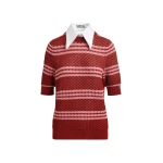 Essentiel Antwerp Brown and pink striped honeycomb knit polo with rhinestone-embellished detachable collar