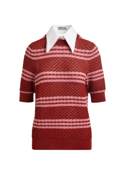 Brown and pink striped honeycomb knit polo with rhinestone-embellished detachable collar