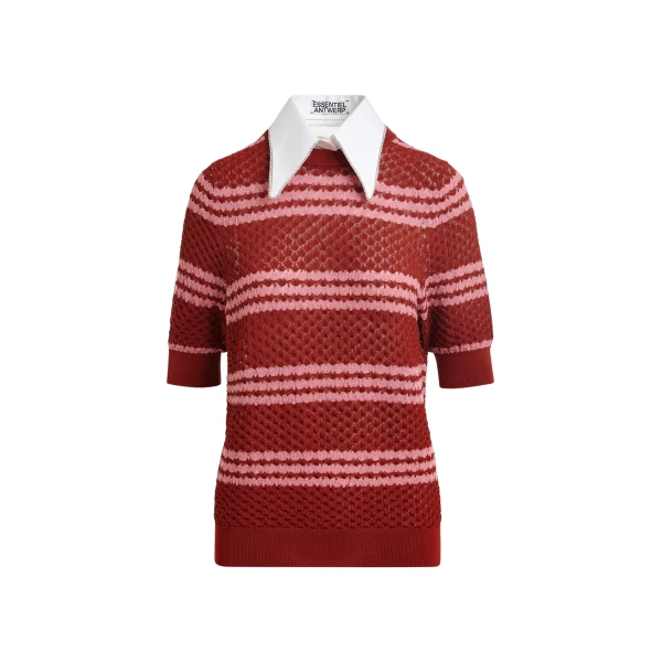 Essentiel Antwerp Brown and pink striped honeycomb knit polo with rhinestone-embellished detachable collar