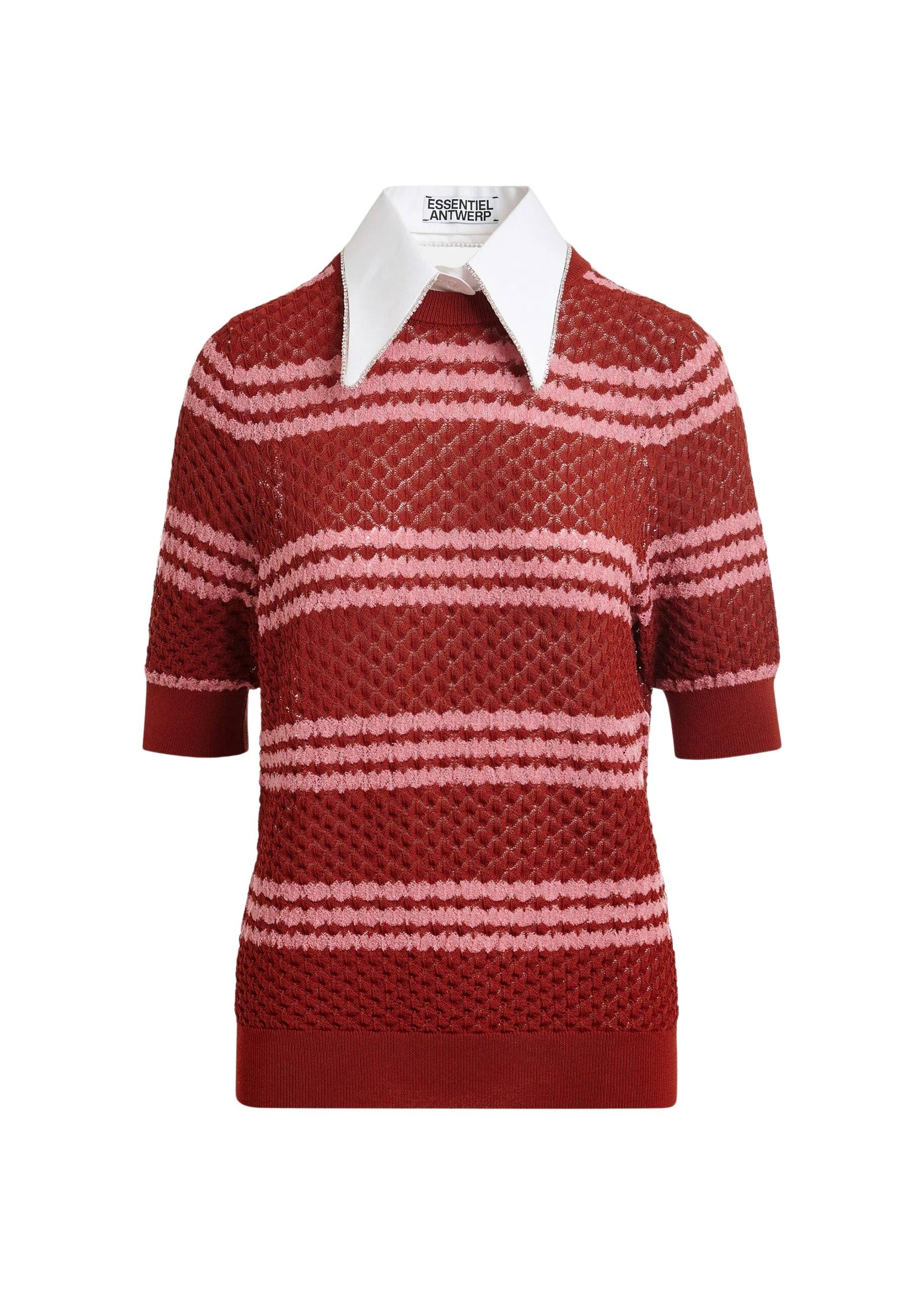 Brown and pink striped honeycomb knit polo with rhinestone-embellished detachable collar