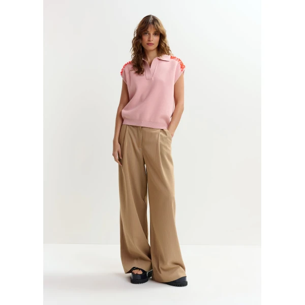 Essentiel Antwerp Brown and red checked wide-leg pants, view 3