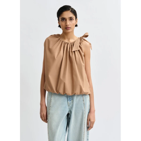 Essentiel Antwerp Brown asymmetric top with neck-tie ribbon, view 3
