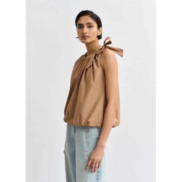 Essentiel Antwerp Brown asymmetric top with neck-tie ribbon, view 4
