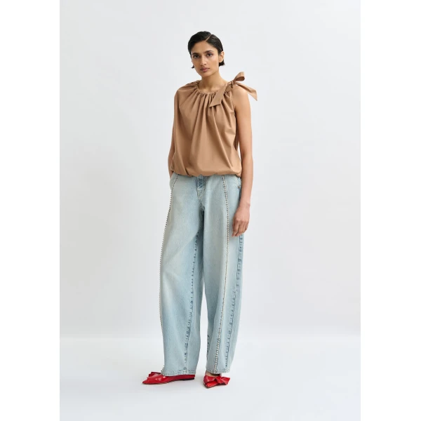 Essentiel Antwerp Brown asymmetric top with neck-tie ribbon, view 6