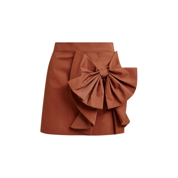 Essentiel Antwerp Brown cotton-blend mini skirt with appliquéd bow