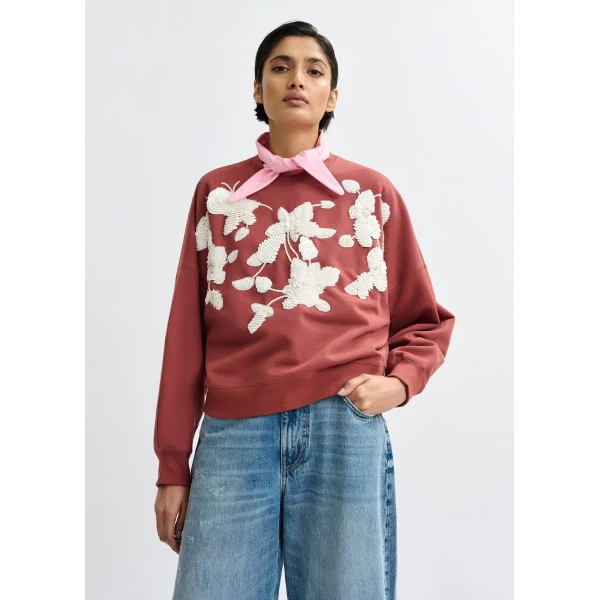 Essentiel Antwerp Brown cotton sweatshirt with off-white floral sequin and bead-embellished embroidery Top, view 2