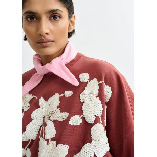 Essentiel Antwerp Brown cotton sweatshirt with off-white floral sequin and bead-embellished embroidery Top, view 3