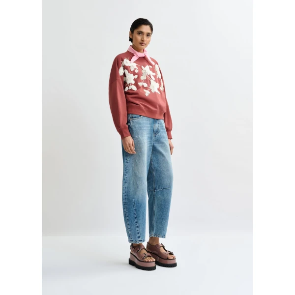 Essentiel Antwerp Brown cotton sweatshirt with off-white floral sequin and bead-embellished embroidery Top, view 5