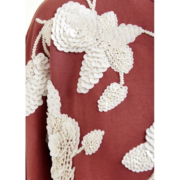 Essentiel Antwerp Brown cotton sweatshirt with off-white floral sequin and bead-embellished embroidery Top, view 6