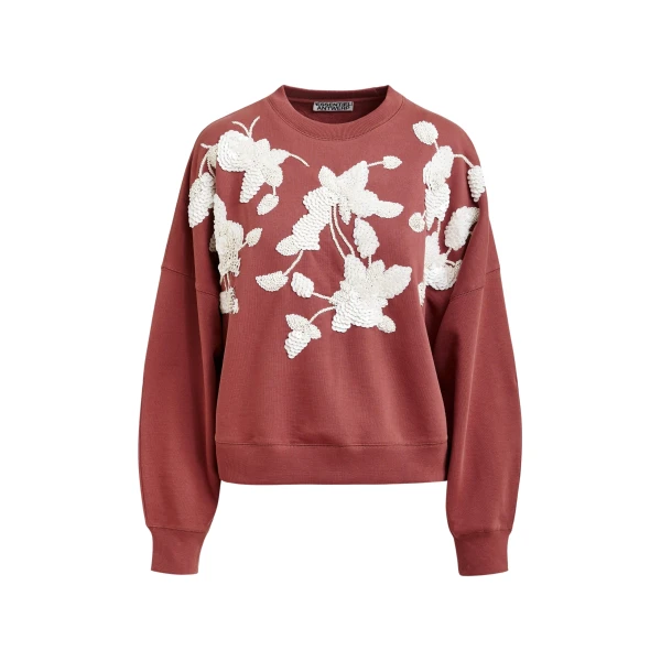 Essentiel Antwerp Brown cotton sweatshirt with off-white floral sequin and bead-embellished embroidery Top