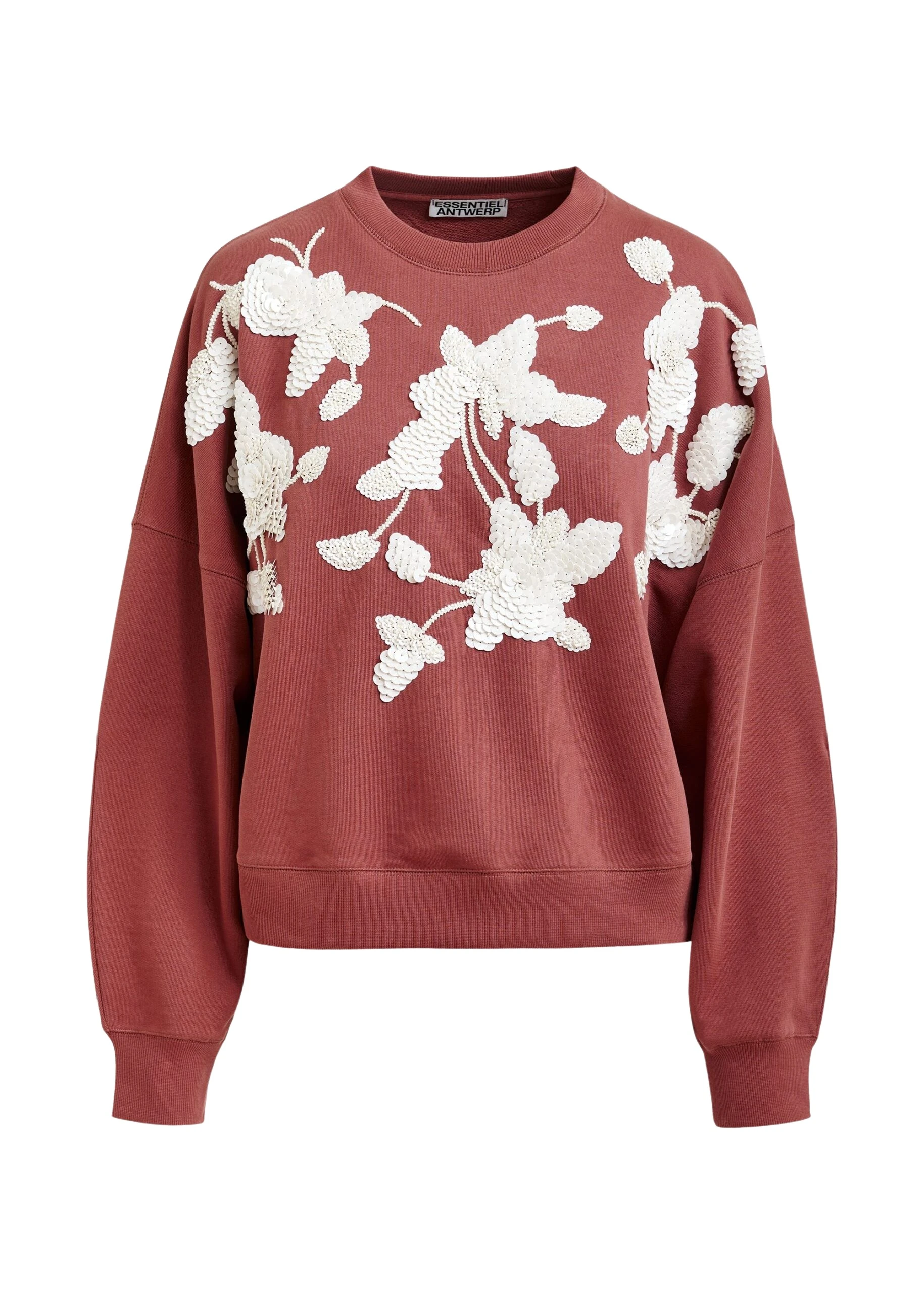 Essentiel-Antwerp-Brown-cotton-sweatshirt-with-off-white-floral-sequin-and-bead-embellished-embroidery-scaled99326_nobg Essentiel Antwerp Brown cotton sweatshirt with off-white floral sequin and bead-embellished embroidery Top