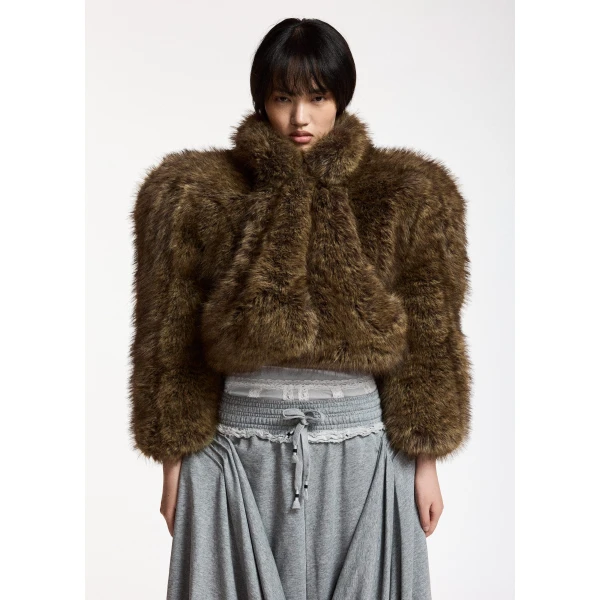 Essentiel Antwerp Brown cropped faux-fur jacket with sculpted raglan sleeves, view 3
