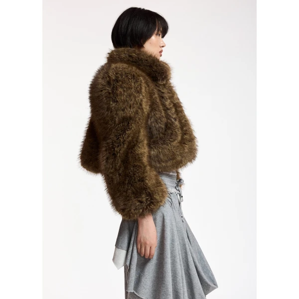 Essentiel Antwerp Brown cropped faux-fur jacket with sculpted raglan sleeves, view 5