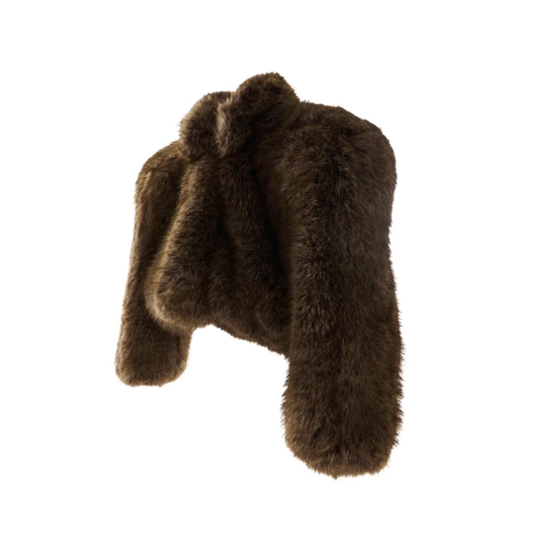 Essentiel Antwerp Brown cropped faux-fur jacket with sculpted raglan sleeves