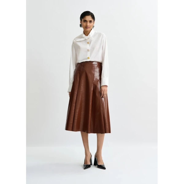 Essentiel Antwerp Brown faux leather midi skirt, view 2