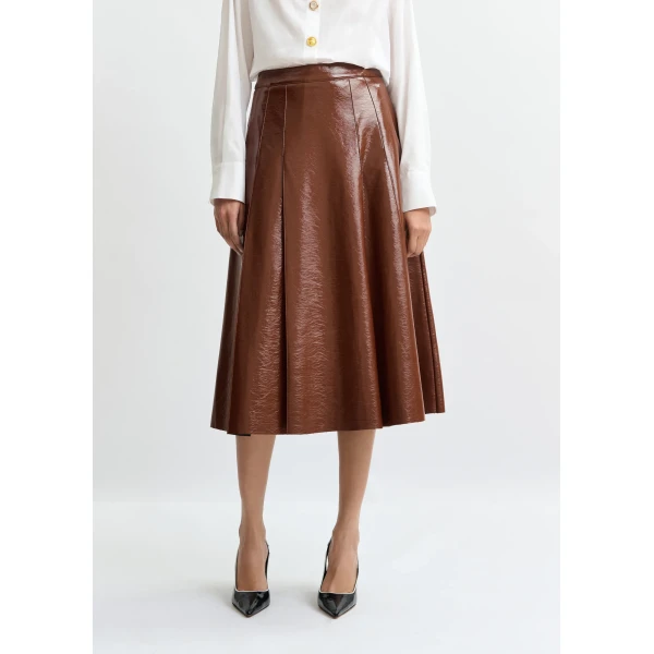 Essentiel Antwerp Brown faux leather midi skirt, view 3