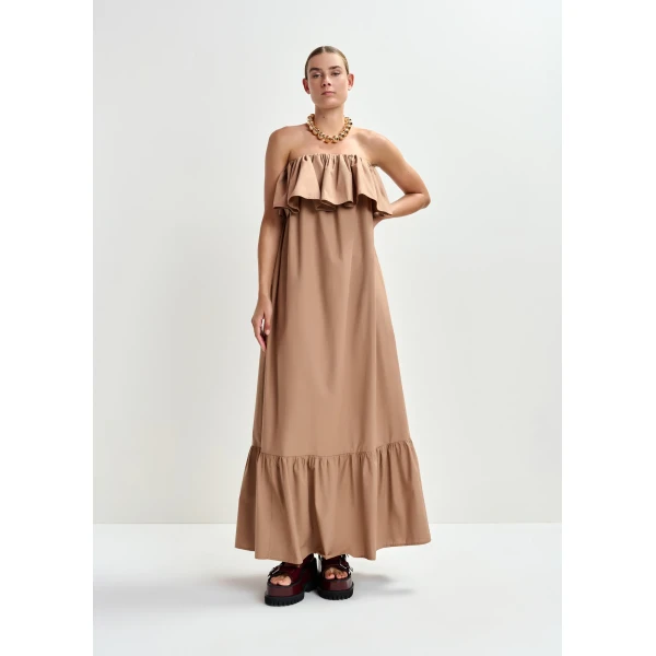 Essentiel Antwerp Brown strapless cotton maxi dress with ruffles, view 3