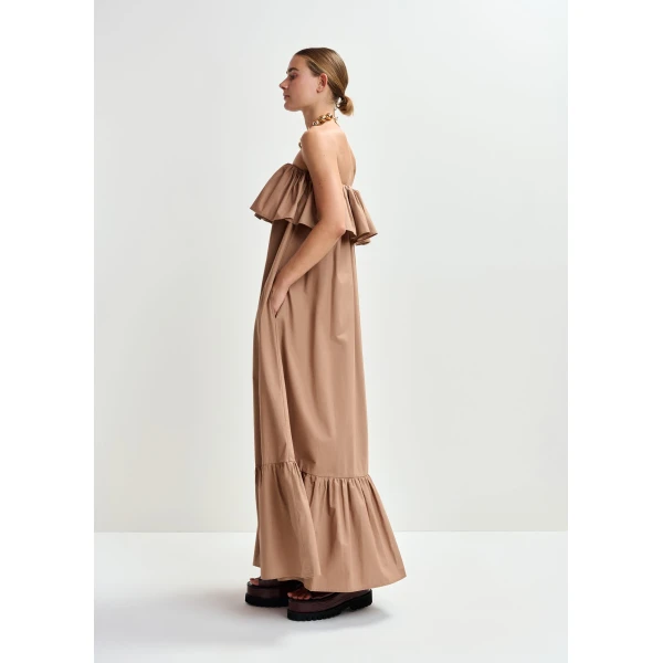 Essentiel Antwerp Brown strapless cotton maxi dress with ruffles, view 4