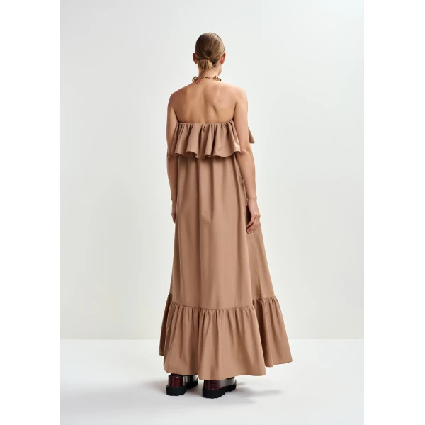 Essentiel Antwerp Brown strapless cotton maxi dress with ruffles, view 5