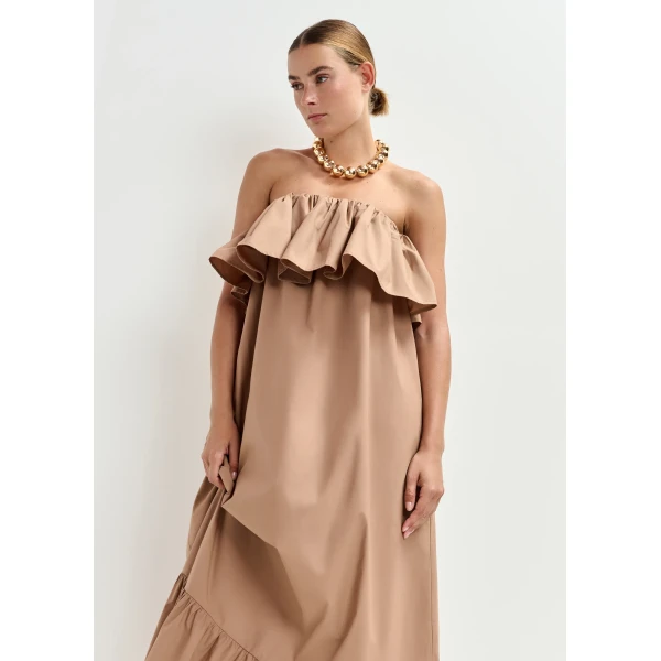 Essentiel Antwerp Brown strapless cotton maxi dress with ruffles, view 6