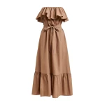 Essentiel Antwerp Brown strapless cotton maxi dress with ruffles