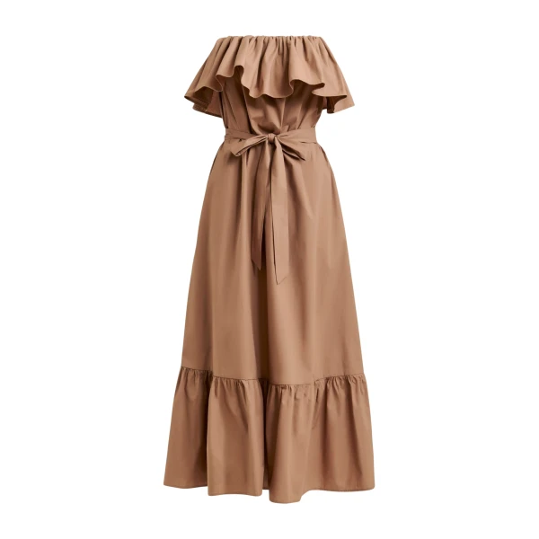 Essentiel Antwerp Brown strapless cotton maxi dress with ruffles