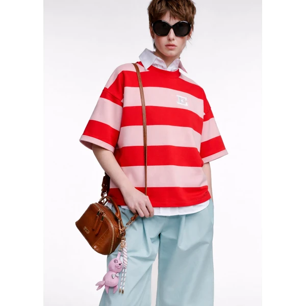 Essentiel Antwerp Burgundy, Pink and red striped cotton-blend sweatshirt Top, view 5