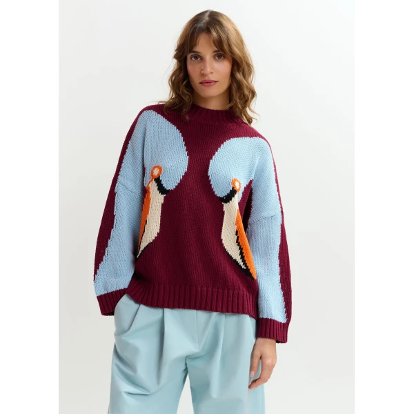 Essentiel Antwerp Burgundy, blue and orange jacquard cotton sweater, view 3