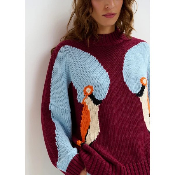 Essentiel Antwerp Burgundy, blue and orange jacquard cotton sweater, view 6