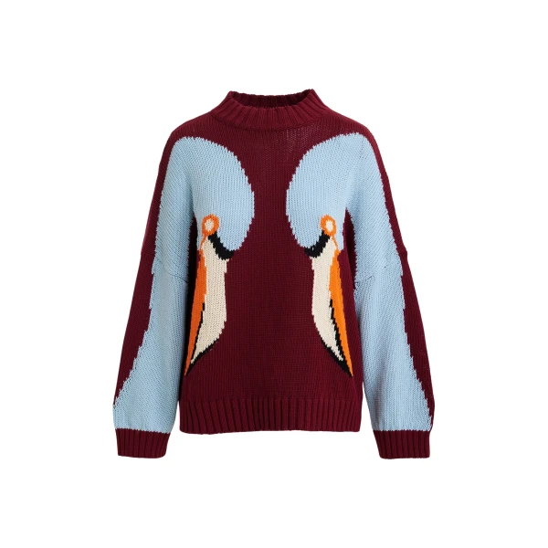 Essentiel Antwerp Burgundy, blue and orange jacquard cotton sweater