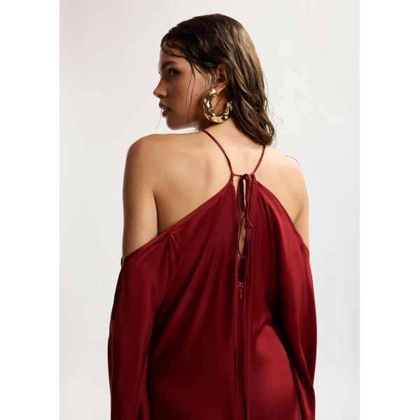 Essentiel Antwerp Burgundy halterneck maxi dress with waterfall sides, view 3
