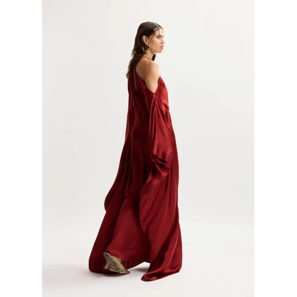 Essentiel Antwerp Burgundy halterneck maxi dress with waterfall sides, view 4