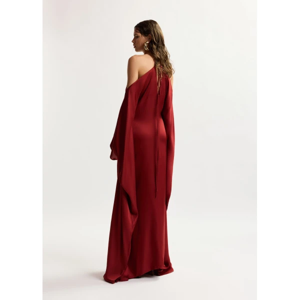 Essentiel Antwerp Burgundy halterneck maxi dress with waterfall sides, view 5