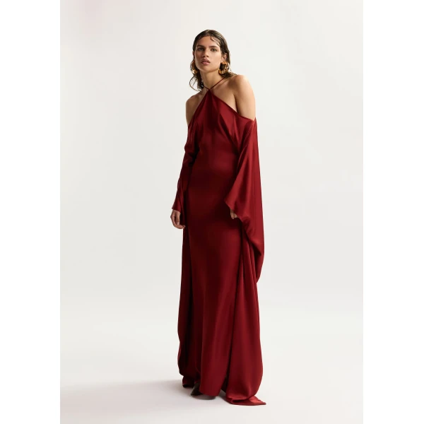Essentiel Antwerp Burgundy halterneck maxi dress with waterfall sides, view 6
