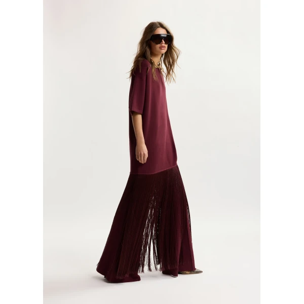 Essentiel Antwerp Burgundy mini dress with fringed hemline, view 2