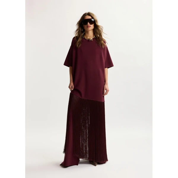Essentiel Antwerp Burgundy mini dress with fringed hemline, view 3