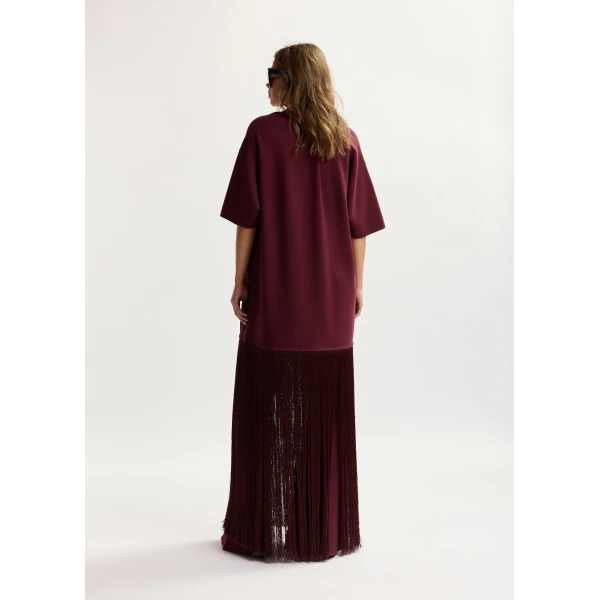 Essentiel Antwerp Burgundy mini dress with fringed hemline, view 4