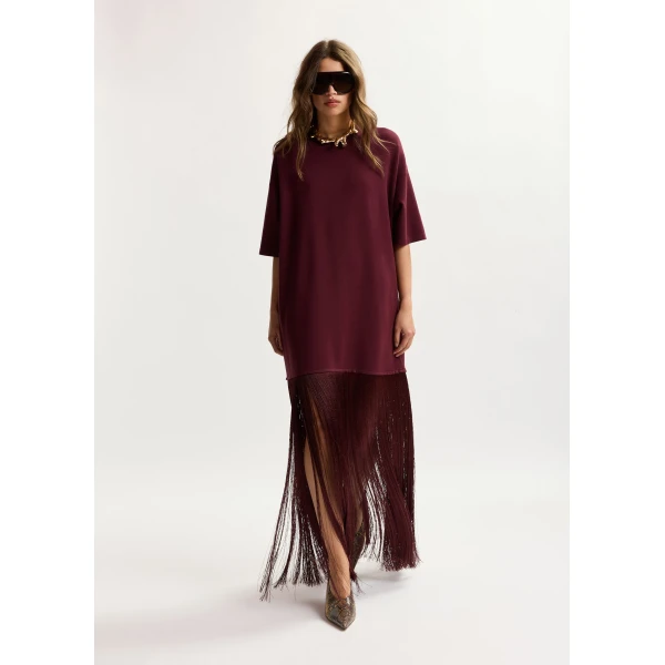 Essentiel Antwerp Burgundy mini dress with fringed hemline, view 5