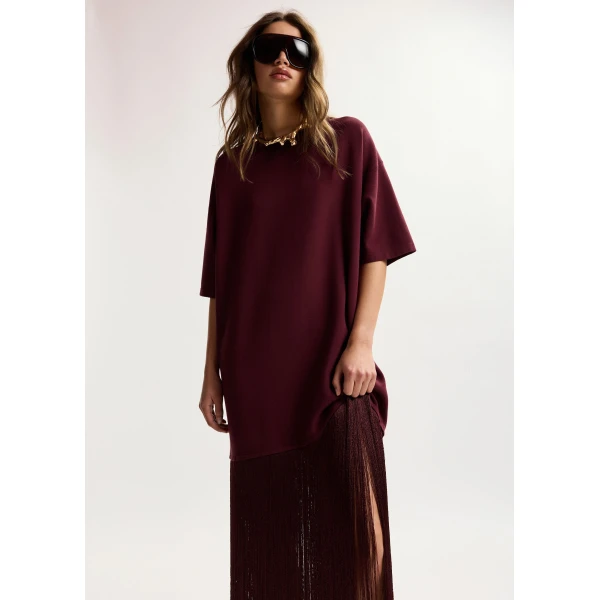 Essentiel Antwerp Burgundy mini dress with fringed hemline, view 6