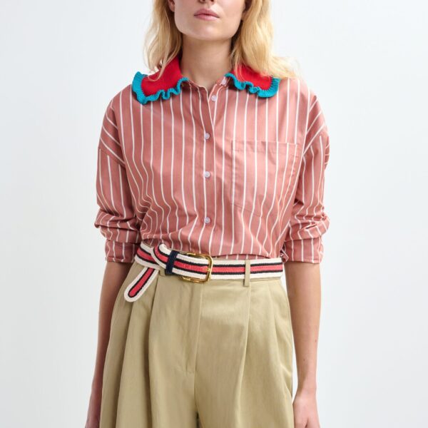 Essentiel Antwerp Burned orange and off-white striped cotton shirt with crochet ruffled collar, view 2