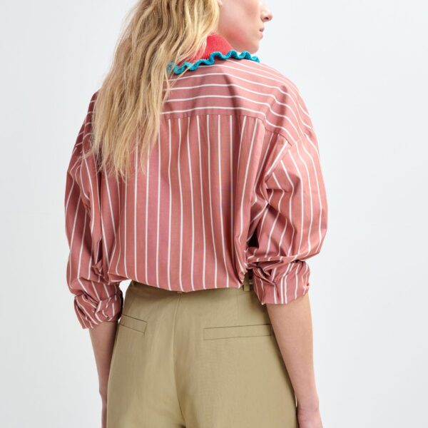 Essentiel Antwerp Burned orange and off-white striped cotton shirt with crochet ruffled collar, view 3