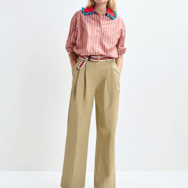 Essentiel Antwerp Burned orange and off-white striped cotton shirt with crochet ruffled collar, view 5