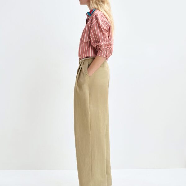 Essentiel Antwerp Burned orange and off-white striped cotton shirt with crochet ruffled collar, view 6